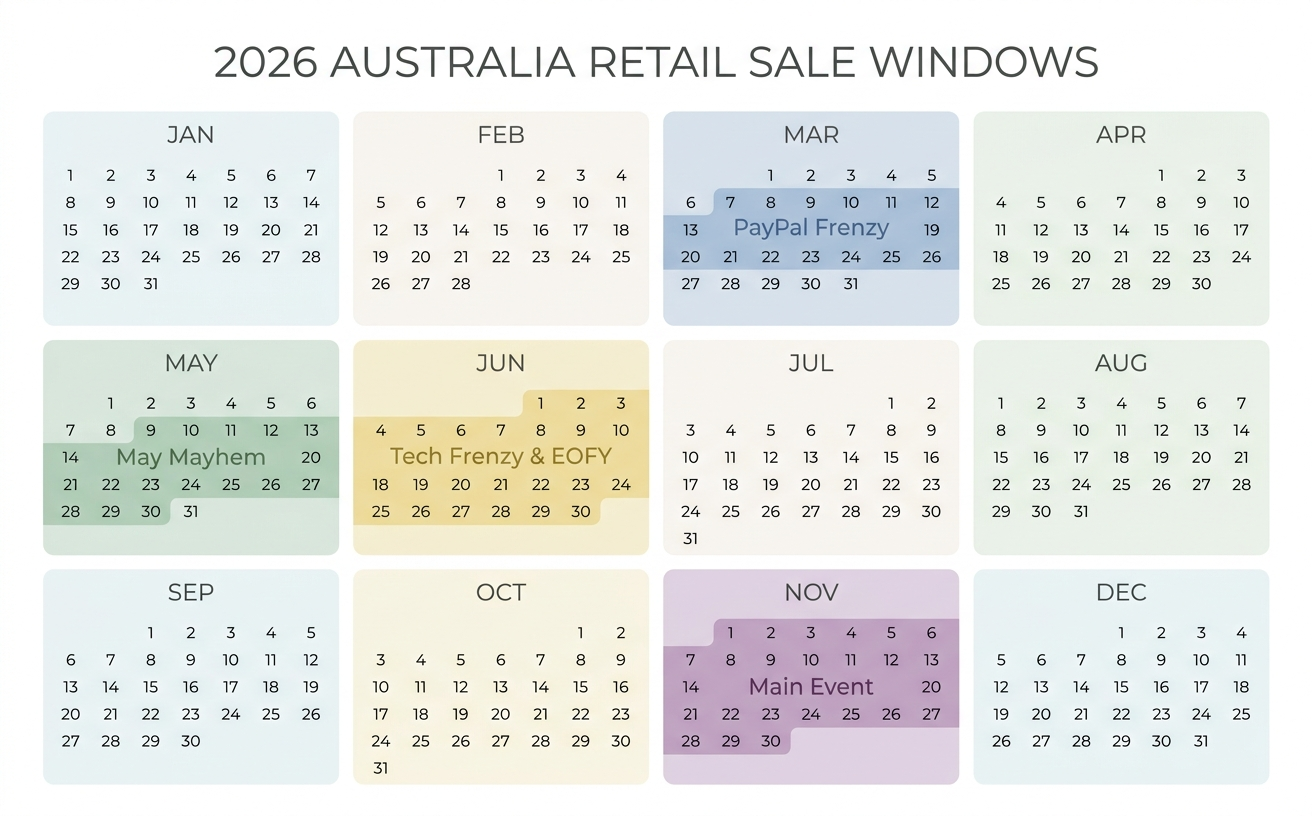 2026 Australia retail sale calendar highlighting Click Frenzy vs EOFY for better deals on robot vacuums during key months.