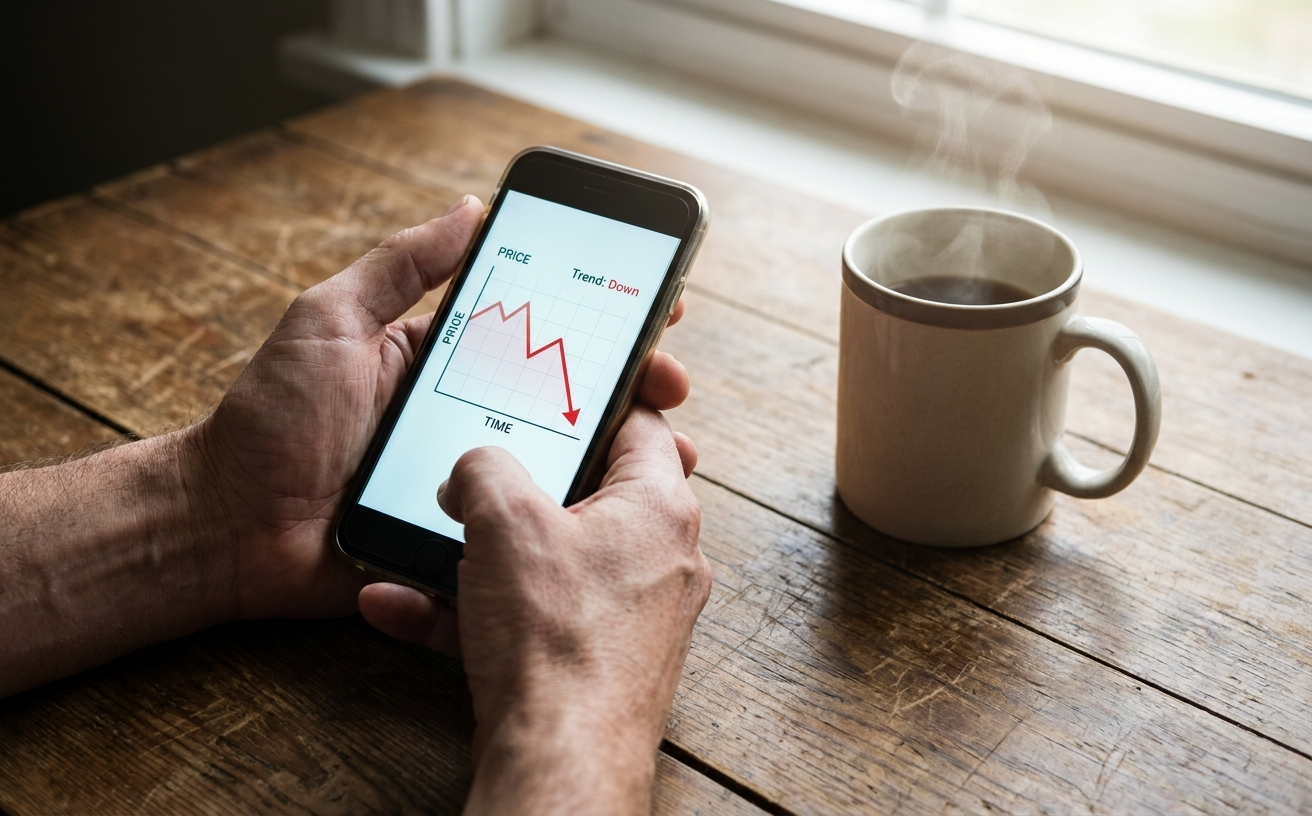 A person analyzing price trends on their phone while considering Click Frenzy vs EOFY for the best robot vacuum deals.