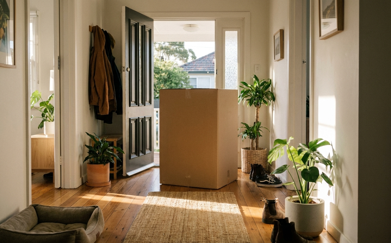 A cozy hallway with a large package, highlighting the excitement of Click Frenzy vs EOFY: Which Sale Has Better Deals on Robot Vacuums.