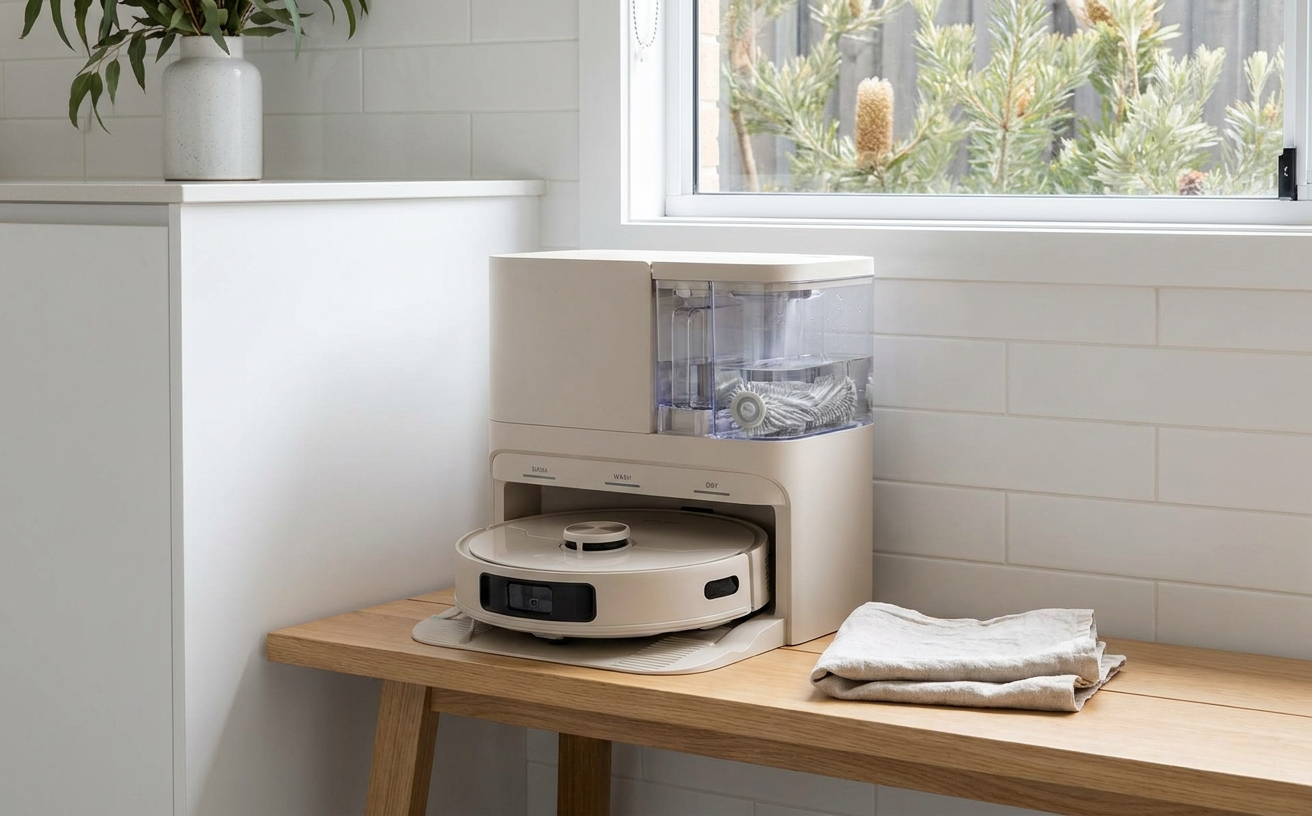 Robot vacuum on a wooden table, showcasing EOFY Robot Vacuum Deals 2026: Australia's Best Buys for modern homes.