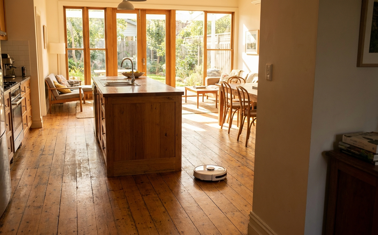 A modern kitchen with wooden floors and an open layout featuring a robot vacuum, perfect for EOFY Robot Vacuum Deals 2026: Australia's Best Buys.