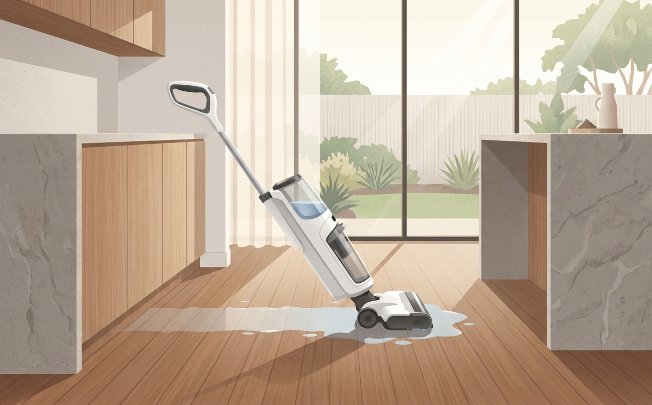 Cordless wet dry vacuum cleaning a spill in a modern kitchen, showcasing EOFY Deals on Cordless Wet Dry Vacuums in Australia 2026.