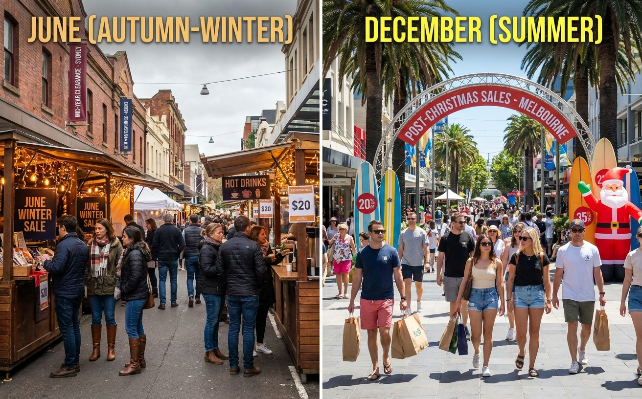 A comparison of shopping scenes in June (autumn-winter) and December (summer) for EOFY vs Boxing Day sales in Australia.
