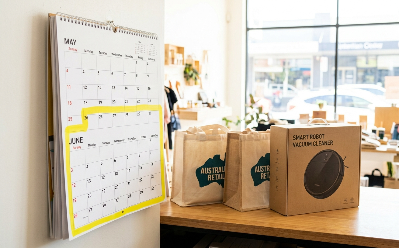 A calendar shows June dates, while a smart robot vacuum cleaner sits next to bags, highlighting EOFY vs Boxing Day sales in Australia.