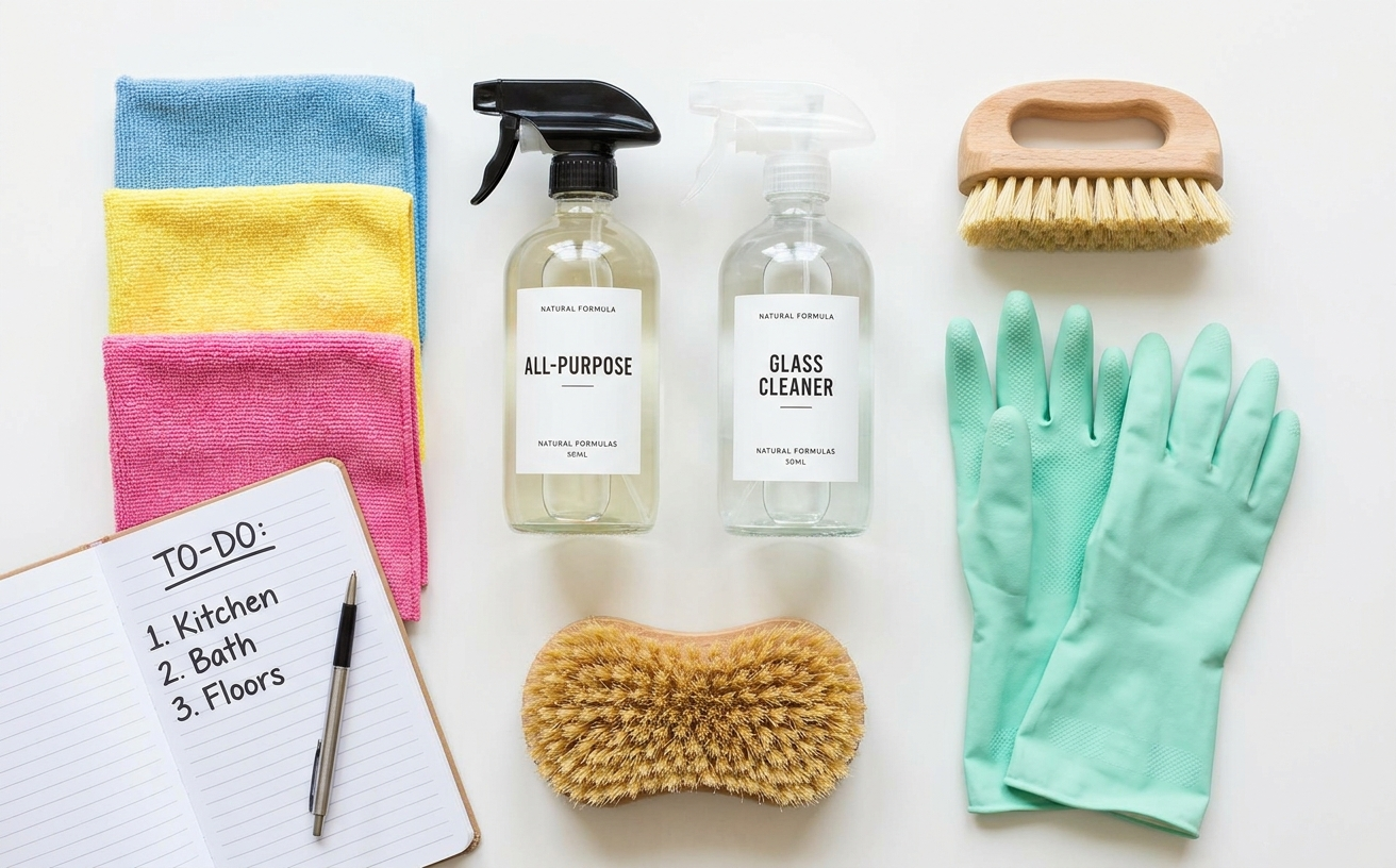 Cleaning supplies and to-do list for a Long Weekend Deep Clean: A 3-Day Plan for the King’s Birthday Break.