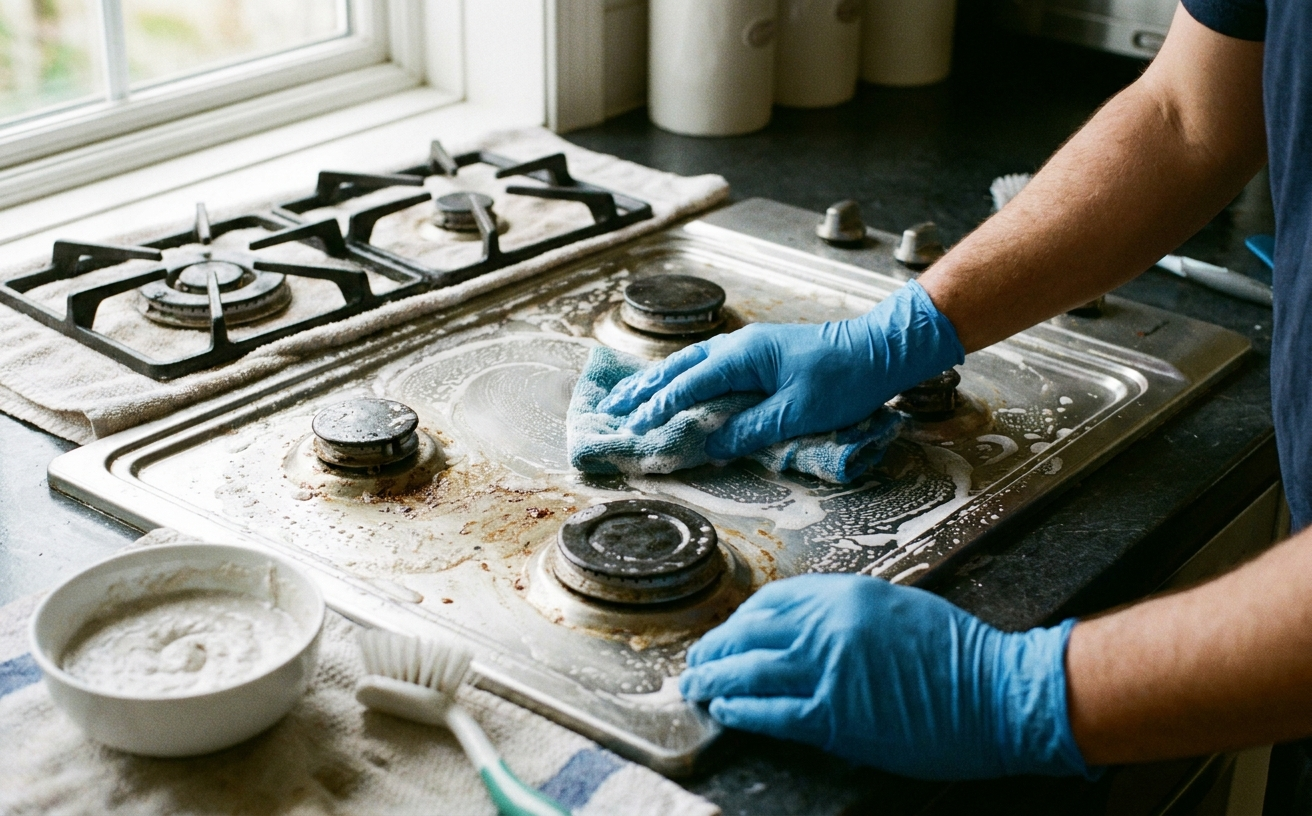 A person uses a cloth and cleaning solution to deep clean a stovetop during a long weekend deep clean for the King’s Birthday Break.