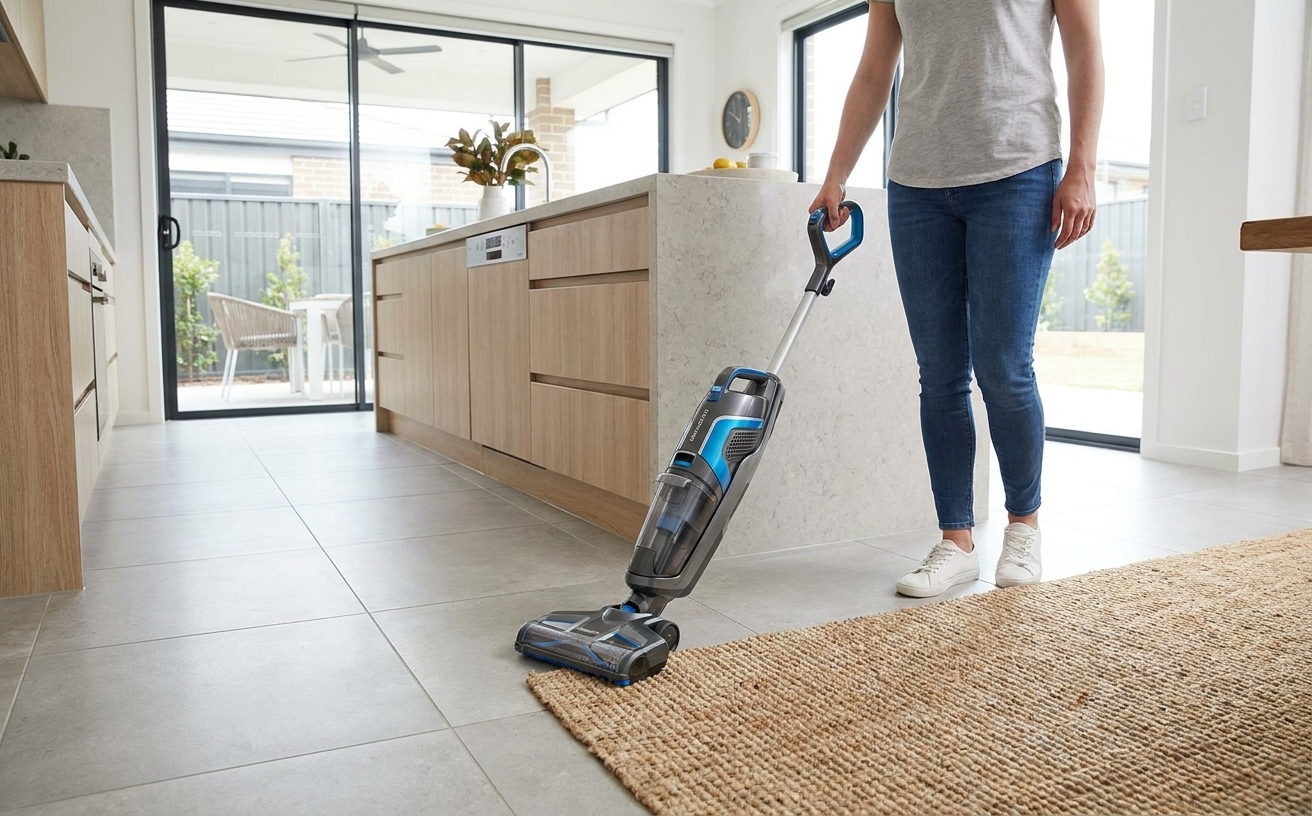 A person using a vacuum cleaner in a bright kitchen, perfect for a Long Weekend Deep Clean during the King’s Birthday Break.