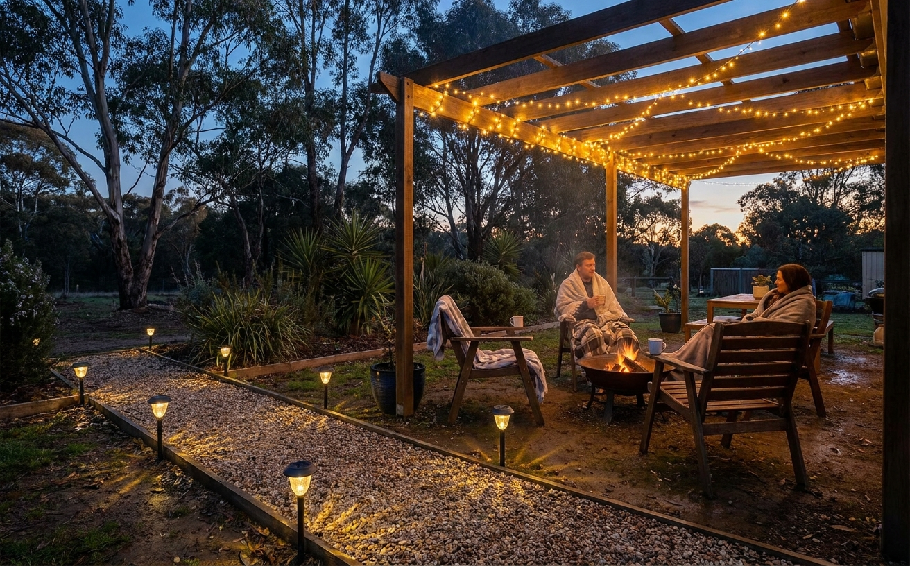 Cozy outdoor setting with two people by a fire, perfect for 36 King’s Birthday Long Weekend home projects you can finish in 3 days.