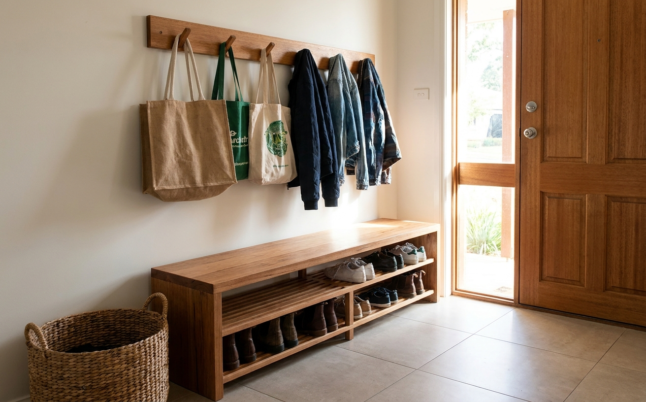A stylish entryway features a bench, shoe storage, and hooks for bags and jackets, perfect for 36 King’s Birthday Long Weekend home projects.
