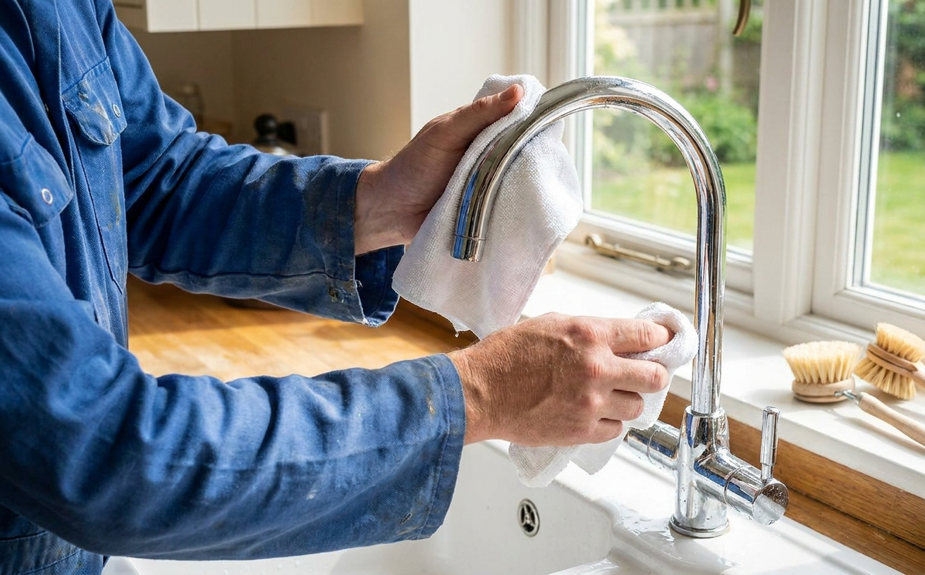 A person cleans a shiny faucet at home, perfect for 36 King’s Birthday Long Weekend home projects you can finish in 3 days.