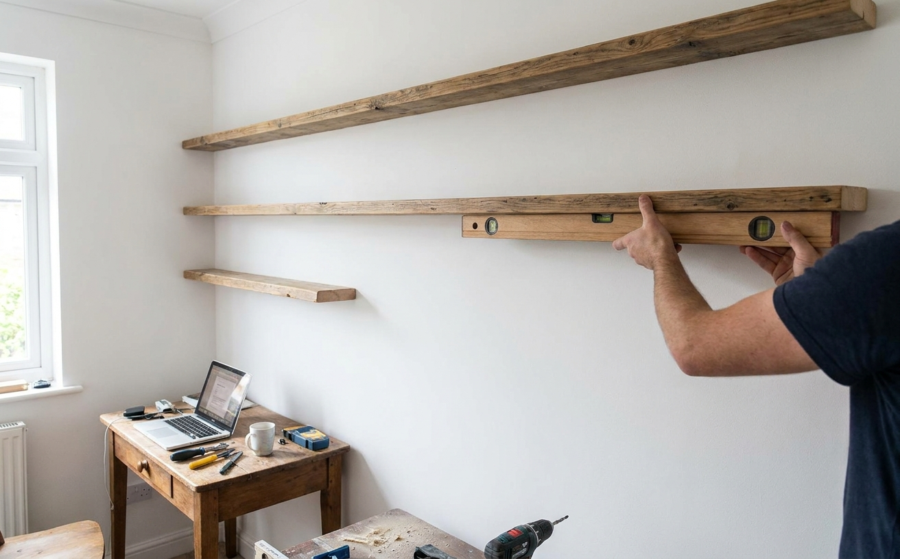 Person leveling a wooden shelf on a wall as part of 36 King’s Birthday Long Weekend home projects you can finish in 3 days.