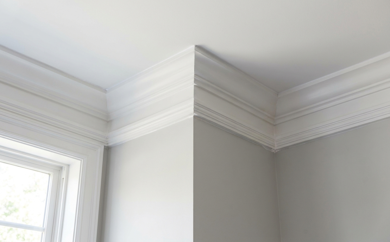 Crisp, white crown molding meets a light gray wall, perfect for a weekend project. 36 King’s Birthday Long Weekend home projects await!