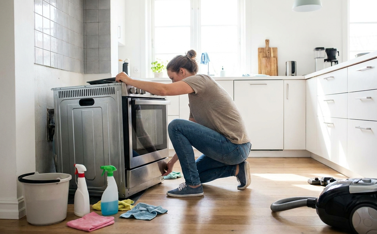 A person performing a home project by cleaning an oven during the 36 King’s Birthday Long Weekend, maximizing productivity.