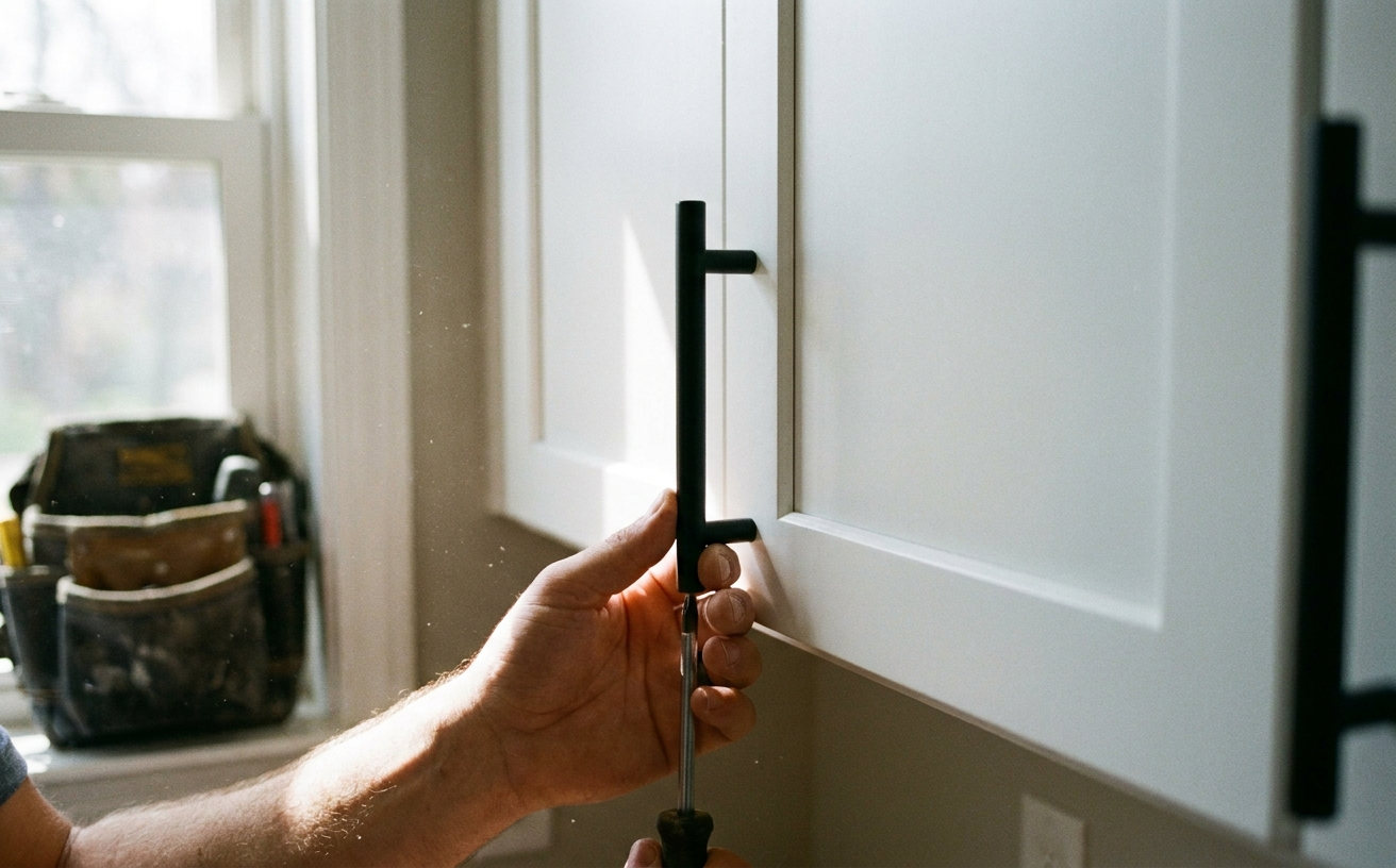 A hand installing a black cabinet handle, perfect for 36 King’s Birthday Long Weekend home projects you can finish in 3 days.