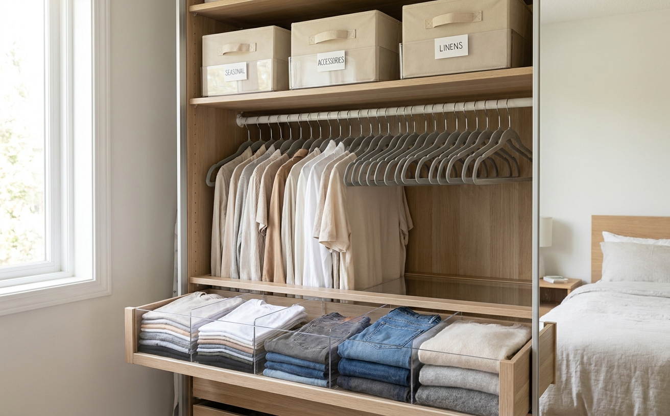 Stylish closet organization featuring neatly hung shirts and folded jeans, perfect for 36 King's Birthday long weekend home projects.