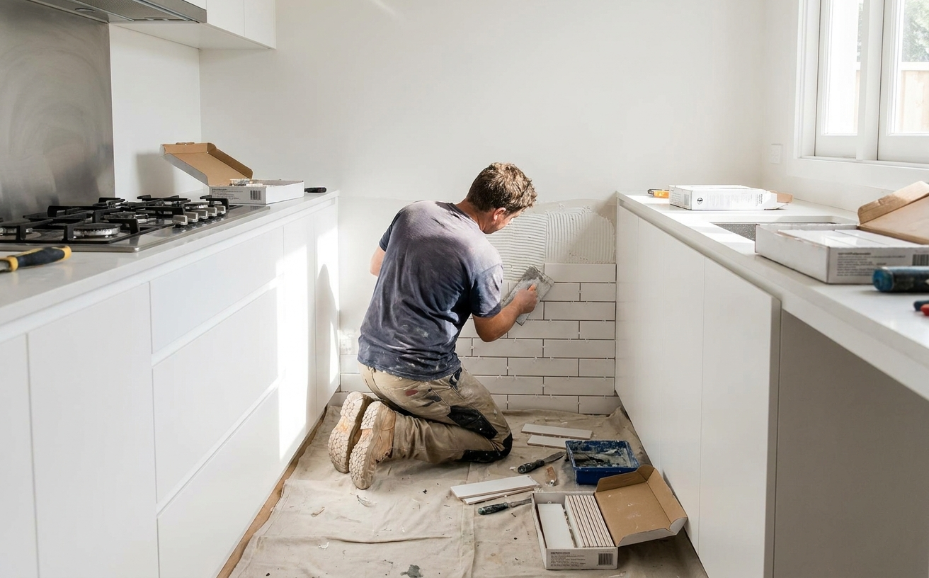 A person is tiling a kitchen wall as part of DIY projects for the 36 King's Birthday Long Weekend, perfect for three-day completion.