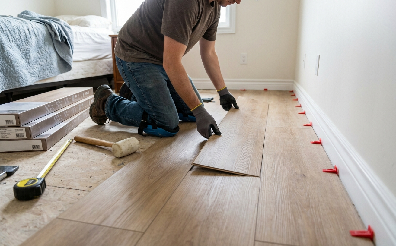 Kneeling man installs flooring as a weekend project for the 36 King’s Birthday Long Weekend, completing it in just 3 days.