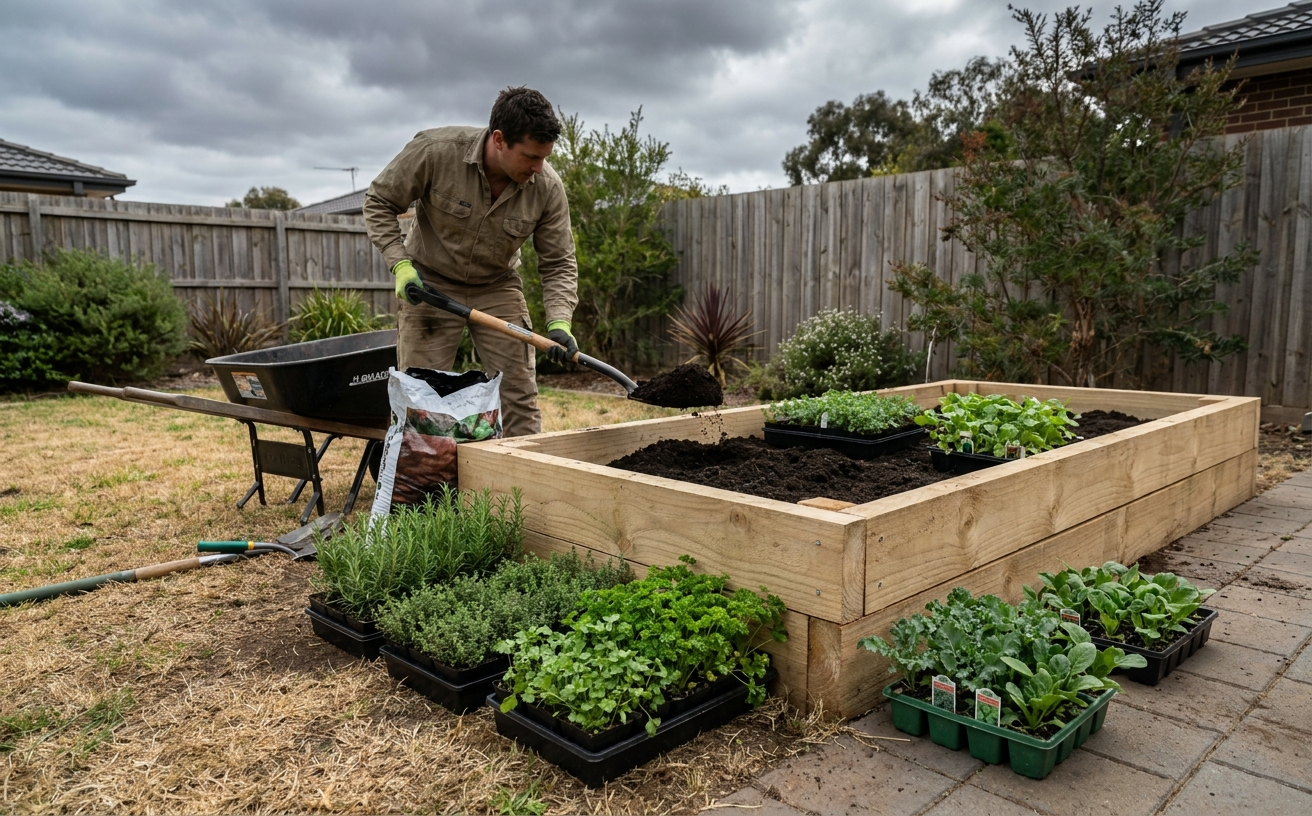A man works in his garden, preparing soil for plants, perfect for 36 King’s Birthday Long Weekend home projects.