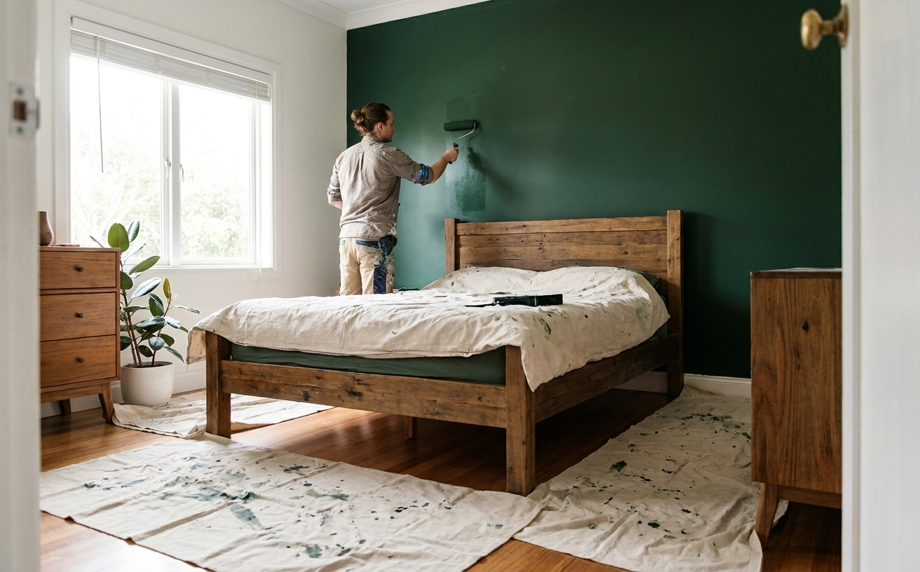 A person is painting a green wall in a cozy bedroom, perfect for home projects over the 36 King’s Birthday Long Weekend.