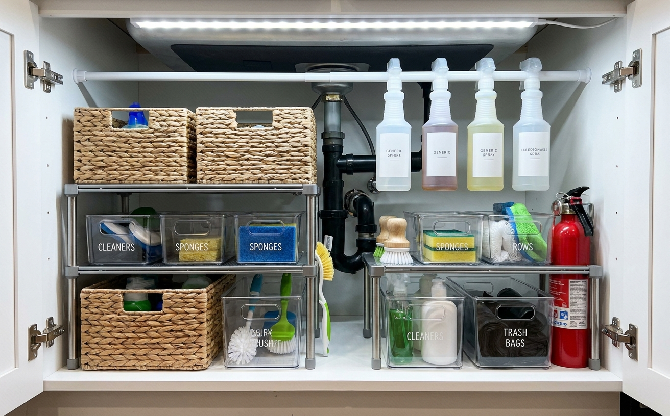 Organized cleaning supplies inside a cabinet, ideal for 36 King’s Birthday Long Weekend Home Projects You Can Finish in 3 Days.