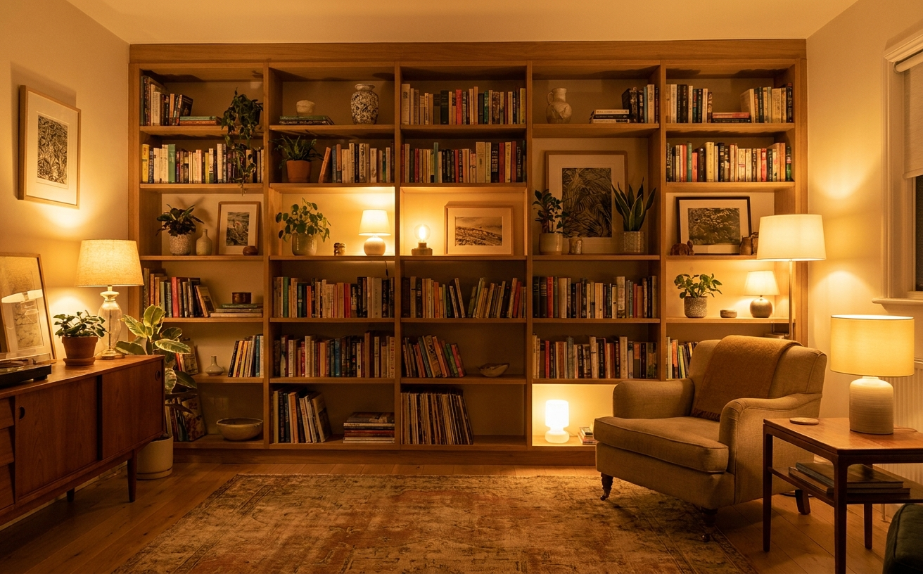 A cozy reading nook with a wooden bookshelf filled with books, stylish lamps, and plants, ideal for 36 King’s Birthday Long Weekend Home Projects You Can Finish in 3 Days.