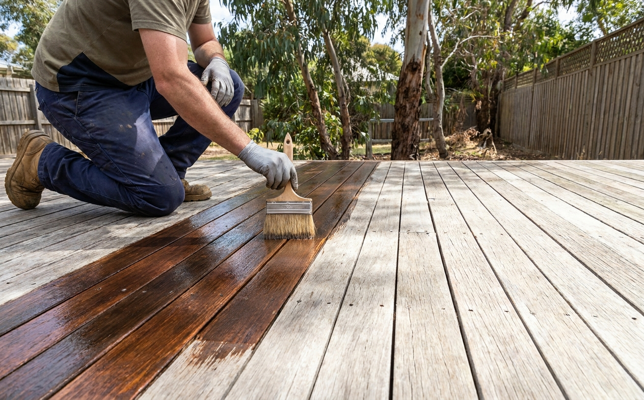 A person applying wood finish to a deck, showcasing a project to complete during the 36 King’s Birthday Long Weekend.