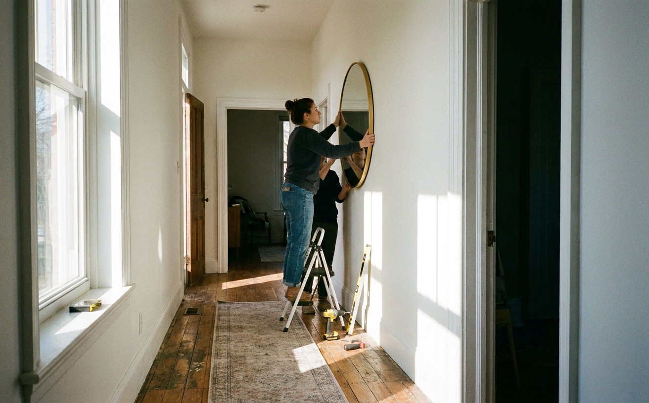 Two individuals hang a round mirror in a well-lit hallway, perfect for home projects during the 36 King’s Birthday Long Weekend.