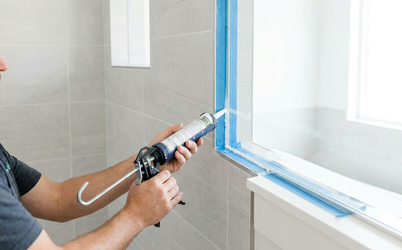 A person applies caulk to a bathroom window, perfect for one of the 36 King’s Birthday Long Weekend home projects.