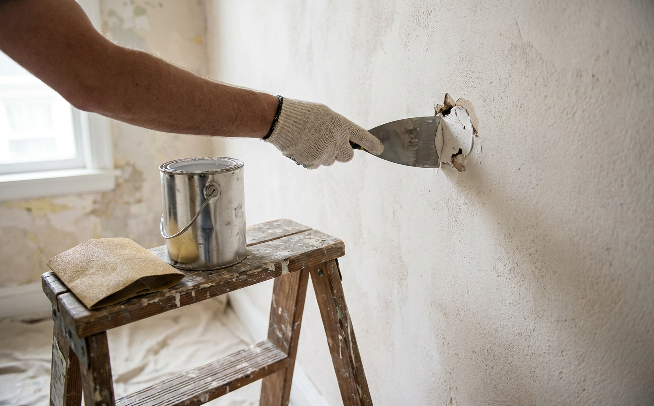 A person fills a wall hole with a spatula while working on home projects during the 36 King’s Birthday Long Weekend.
