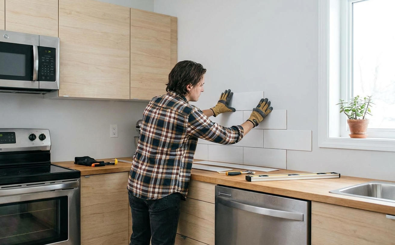 A person installs white tiles in a kitchen, showcasing home projects you can finish in 3 days for the 36 King’s Birthday Long Weekend.