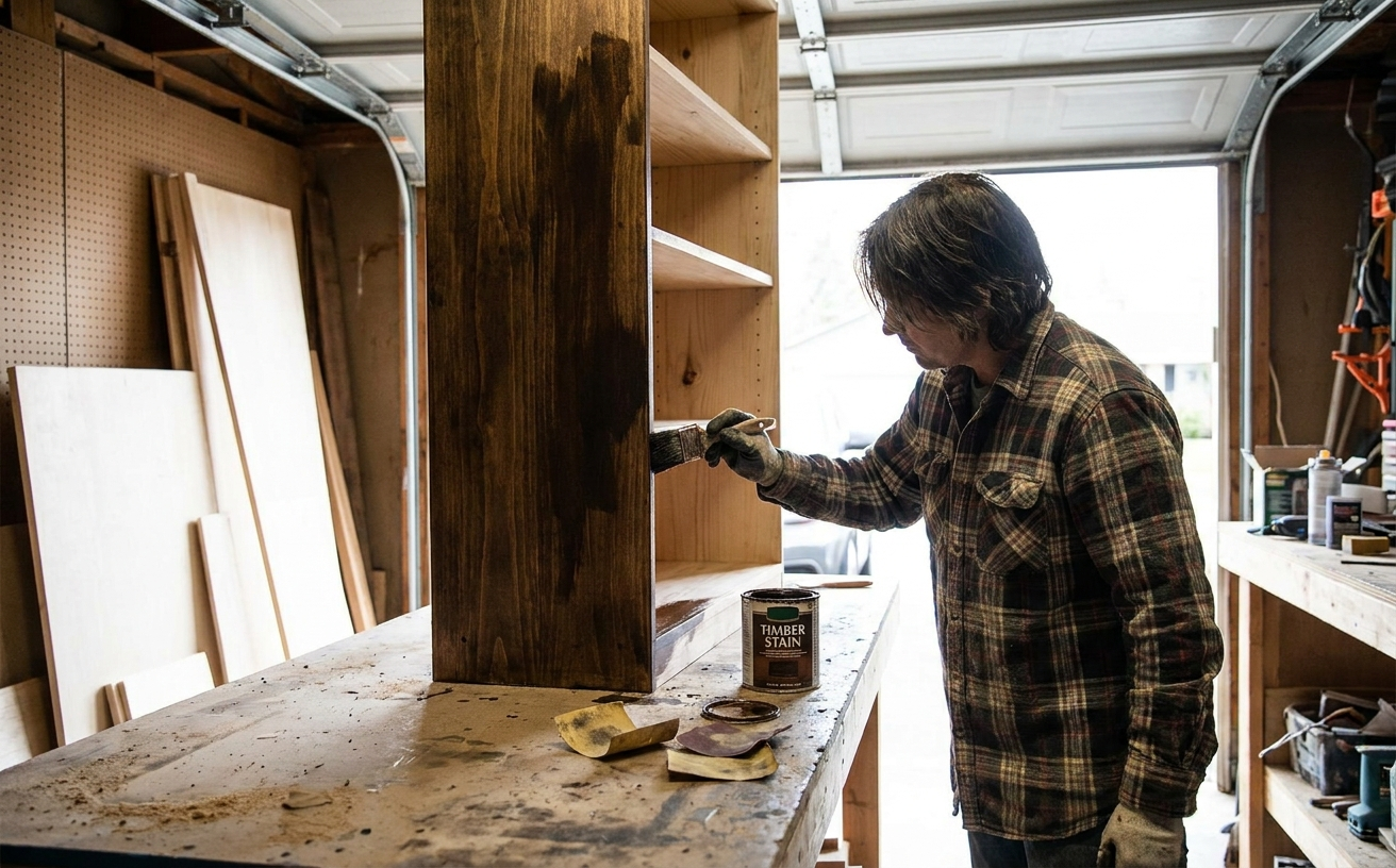 A man applies timber stain to a wooden shelf in a garage, perfect for 36 King’s Birthday Long Weekend home projects to finish.