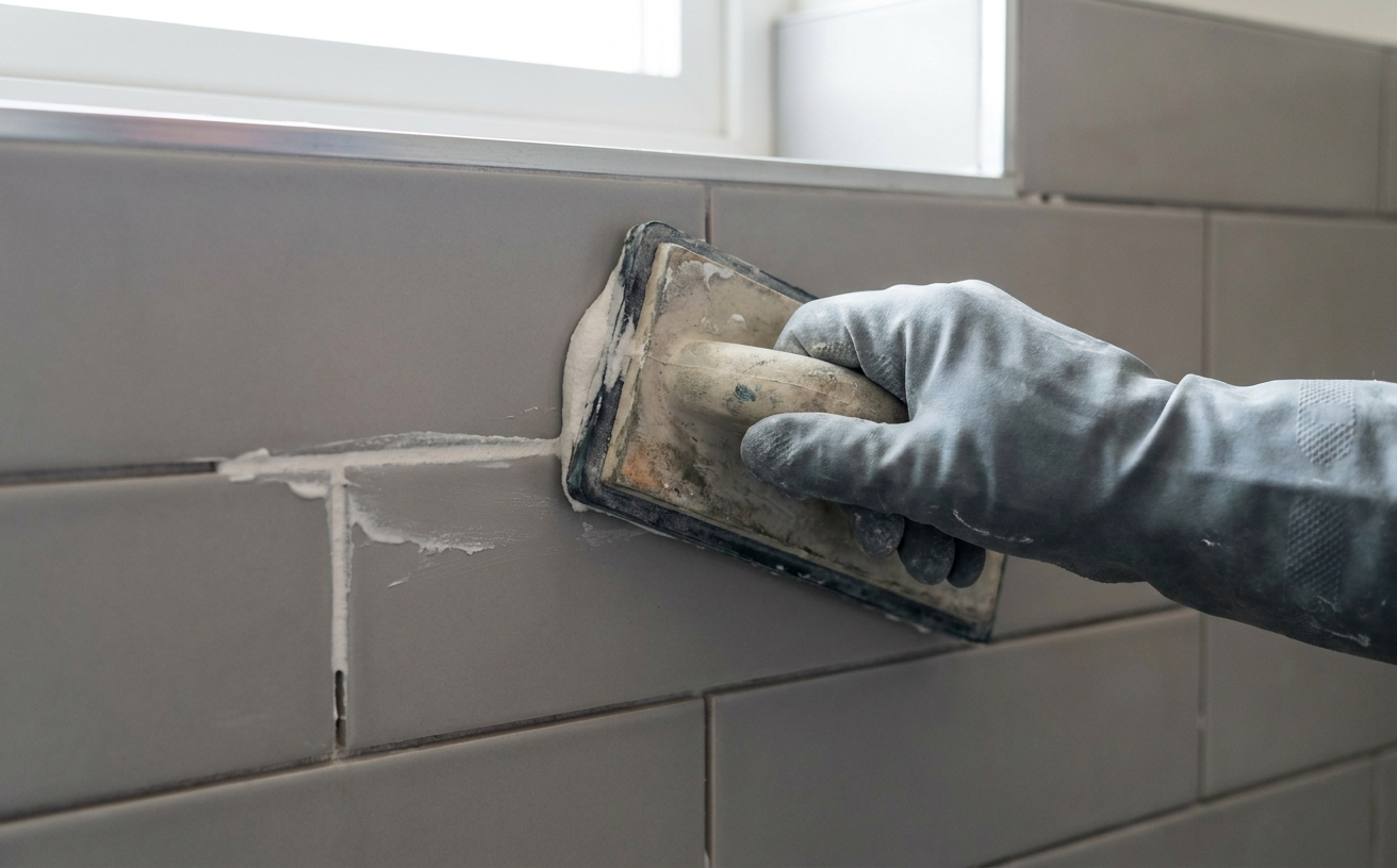 A hand wearing a glove applies grout to tiles, showcasing a home project perfect for the 36 King’s Birthday Long Weekend.