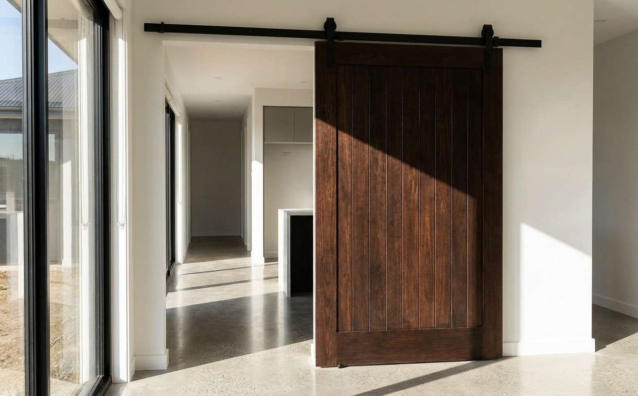 A beautiful sliding wooden door adds elegance to modern interiors, perfect for your 36 King’s Birthday Long Weekend home projects.