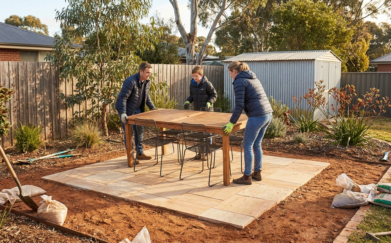 Three people set up an outdoor dining area, working on home projects for the 36 King’s Birthday Long Weekend.