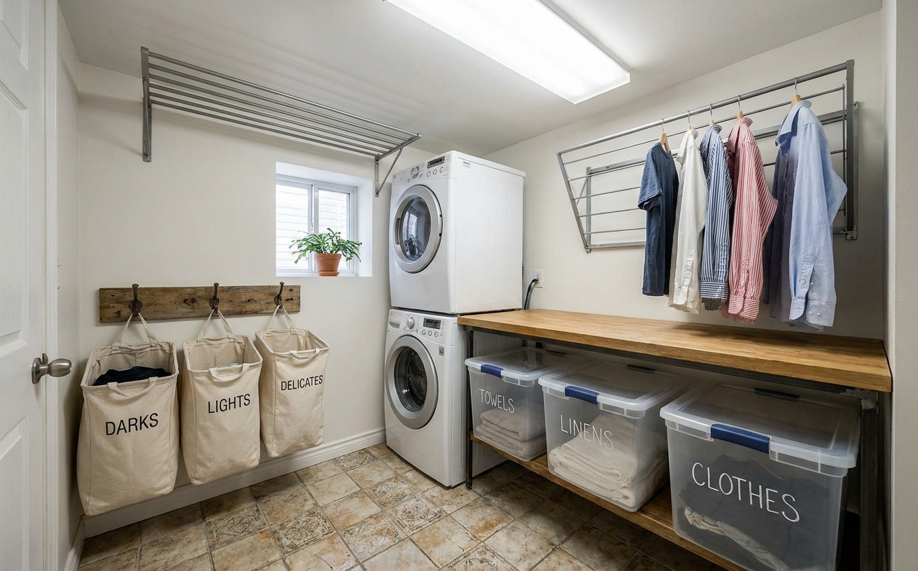 A well-organized laundry area featuring drying racks, hampers, and storage bins for a productive 36 King’s Birthday Long Weekend home project.