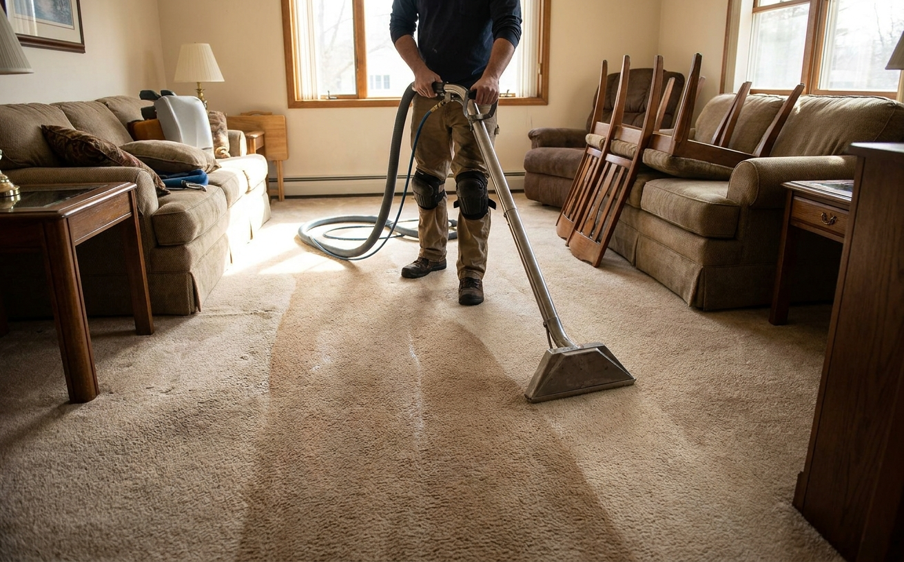 A person cleaning carpet in a living room, perfect for 36 King’s Birthday Long Weekend Home Projects You Can Finish in 3 Days.
