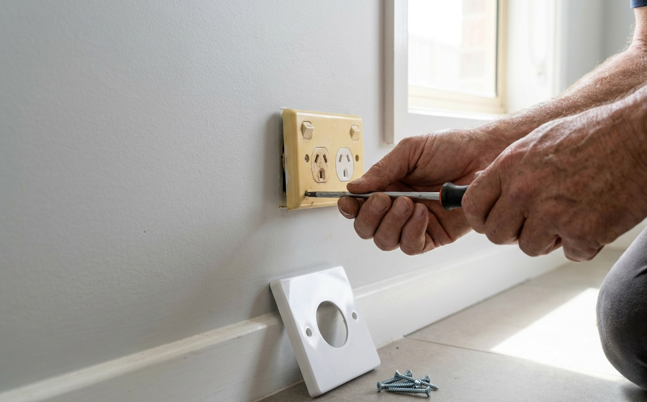 A hand is using a screwdriver to fix a power outlet as part of 36 King’s Birthday Long Weekend Home Projects You Can Finish in 3 Days.