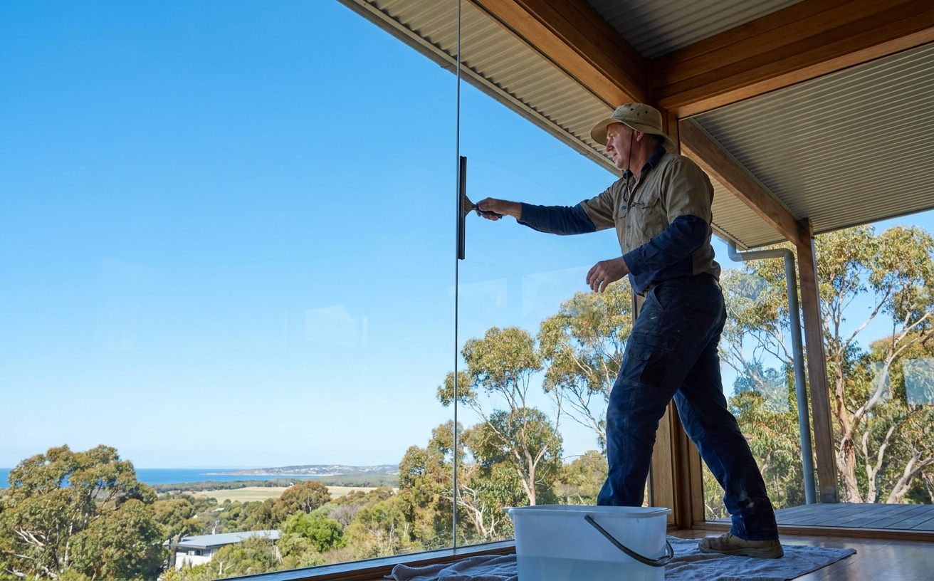 A person cleans large windows with a squeegee, perfect for a 36 King’s Birthday long weekend home project you can finish in 3 days.