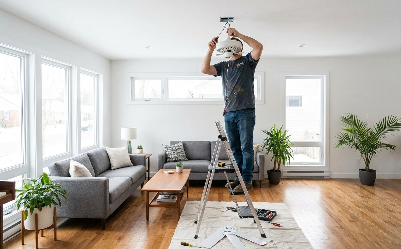 A person on a ladder installs a ceiling fan in a modern living room, perfect for 36 King’s Birthday Long Weekend home projects.