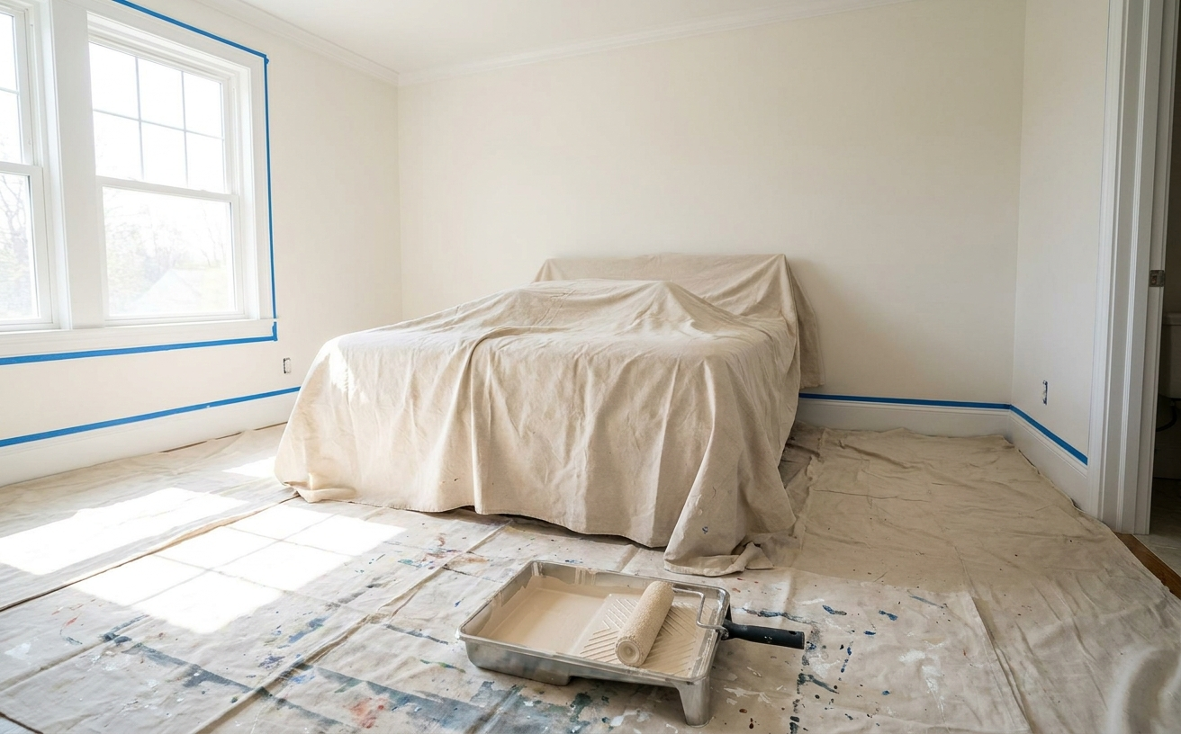A freshly prepared room for painting, showcasing a covered bed and tools, perfect for 36 King’s Birthday Long Weekend home projects.