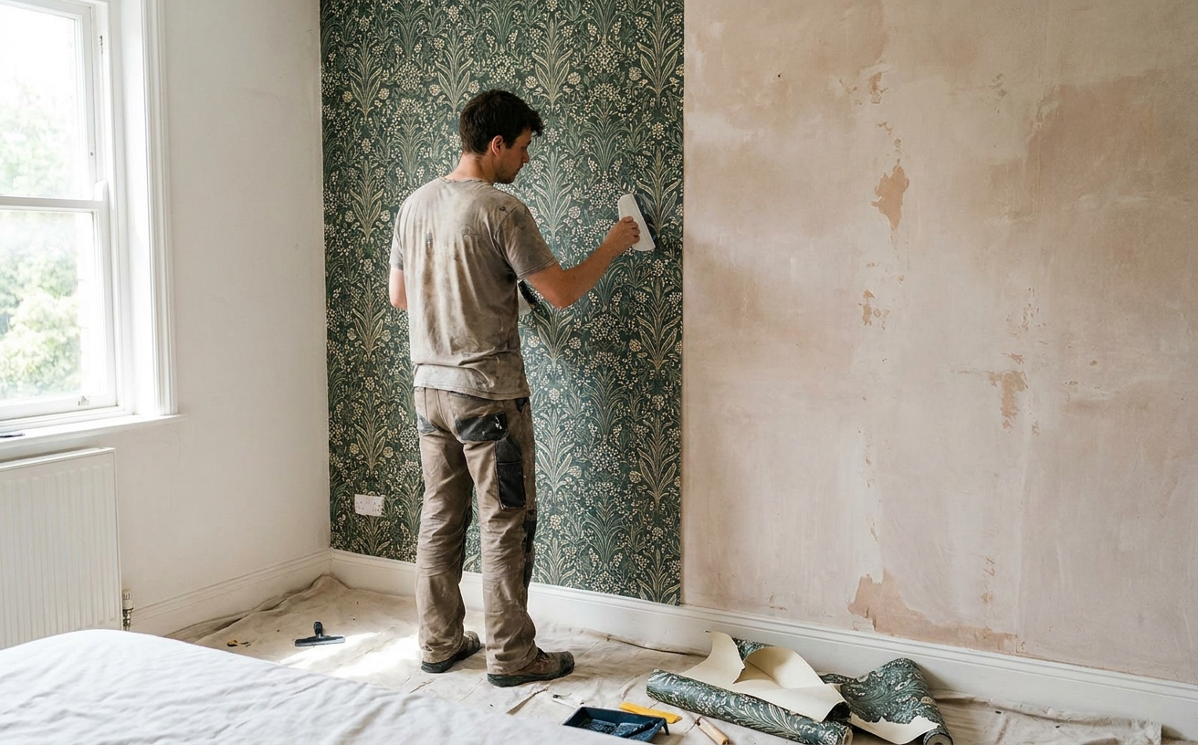A man applies wallpaper in a room, showcasing home projects you can finish in 3 days over the 36 King’s Birthday long weekend.