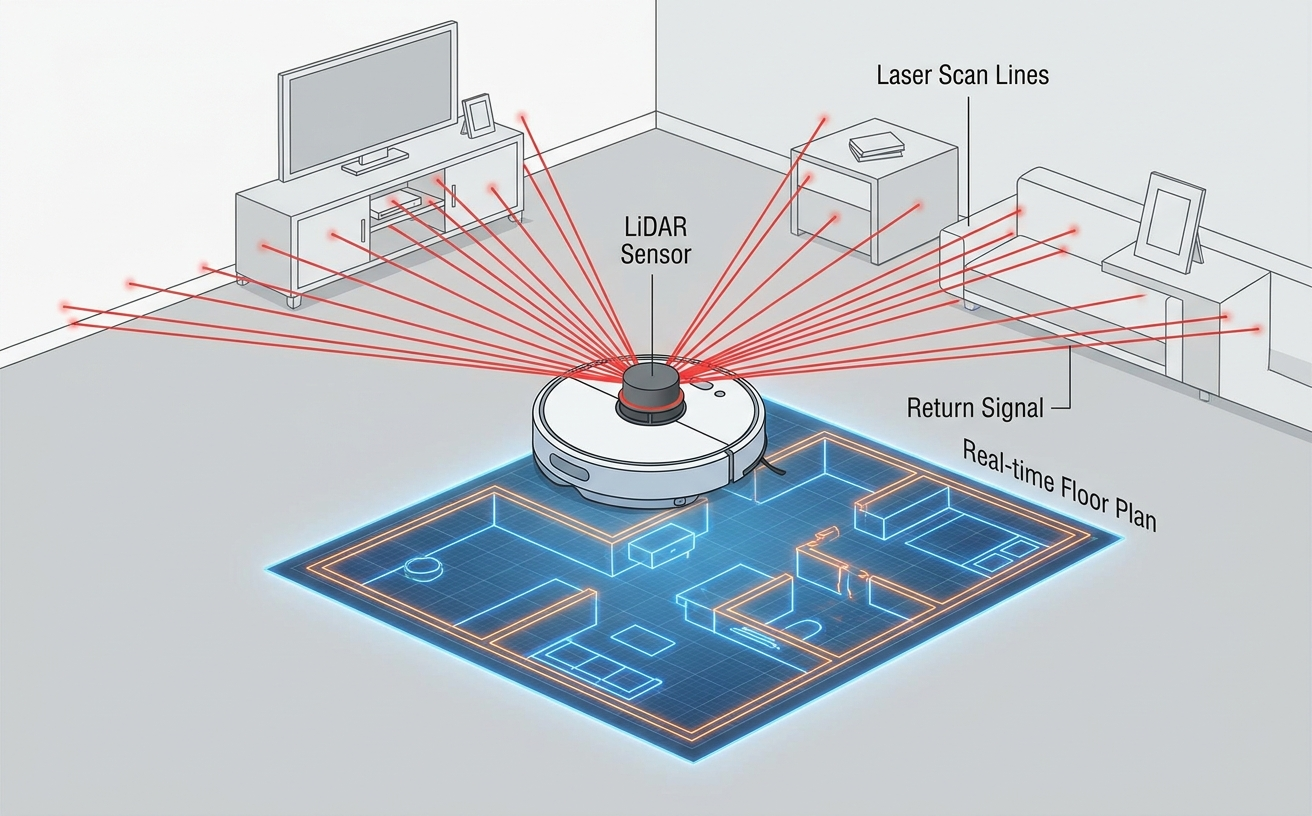 A robotic automatic vacuum using LiDAR technology to create a real-time floor plan while navigating a living space.