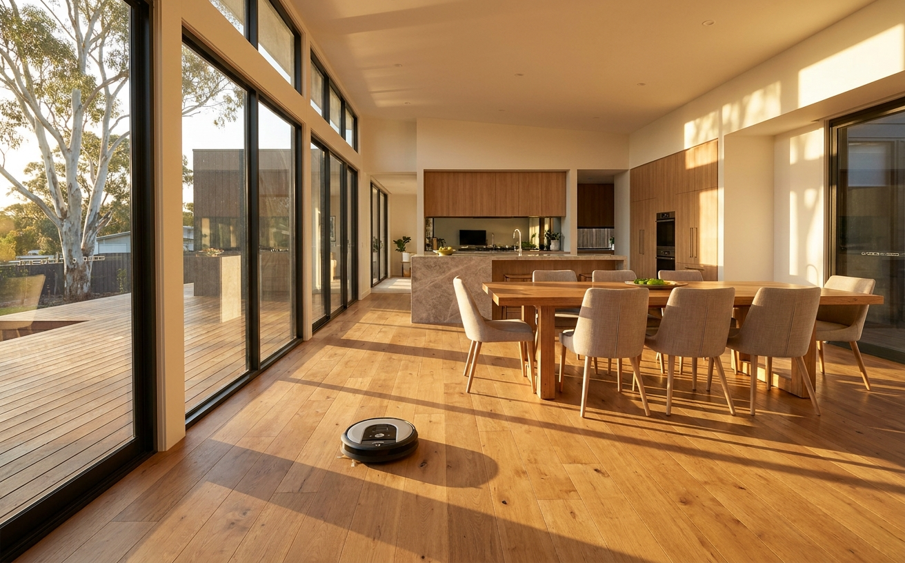 A robotic automatic vacuum operates on a wooden floor in a modern dining area with large windows and natural light.
