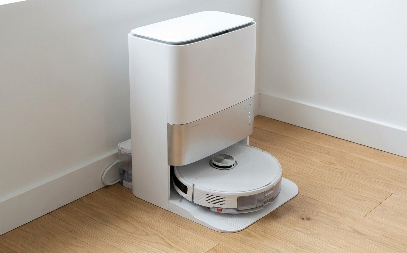 A sleek robot vacuum cleaner mopping on a wooden floor, designed for efficient home cleaning and convenience.