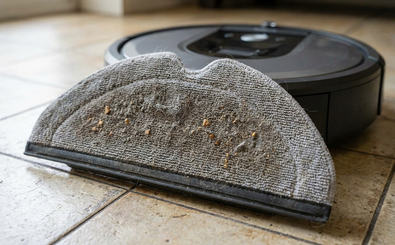 A robot vacuum cleaner mopping attachment covered in dirt and dust, showcasing its cleaning efficiency on tiled floors.