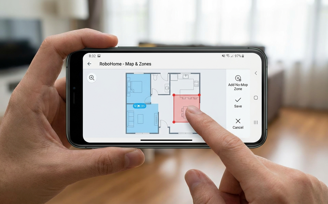 A user adjusts the cleaning zones on a smartphone app for a robot vacuum cleaner mopping the floors effectively.