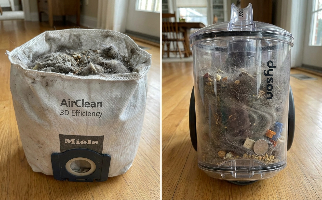 A bagless vacuum cleaner showcases collected dirt, dust, and debris in its transparent canister and fabric container.