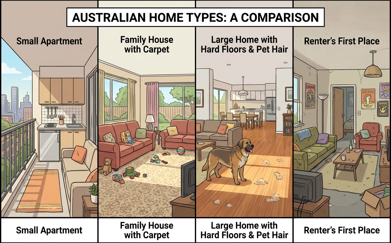A comparison of different Australian home types, showcasing robotic hoovers in various living environments.