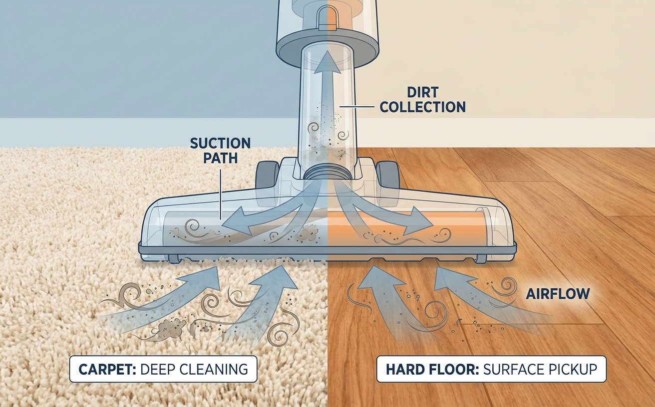 A diagram illustrating a vacuum cleaner's suction path, highlighting effective vacuuming and mopping techniques for carpets and hard floors.
