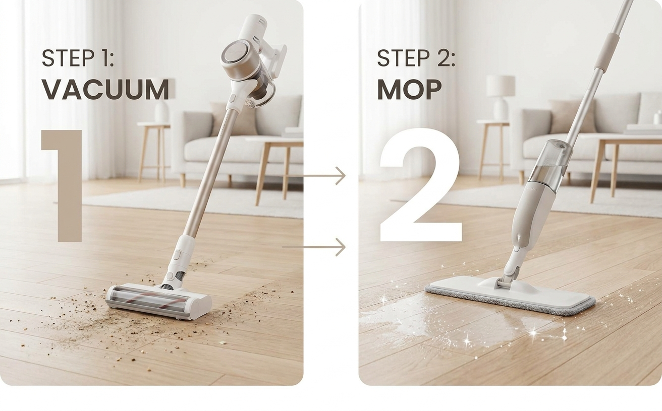 A clean living space is achieved by vacuuming and mopping, with clear steps indicated for effective cleaning.